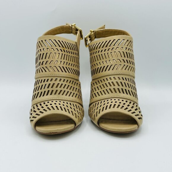 Express Shoes Womens Size 6.5 Tan Beige Heels Bootie Stiletto Ankle Strap Buckle - Picture 4 of 10